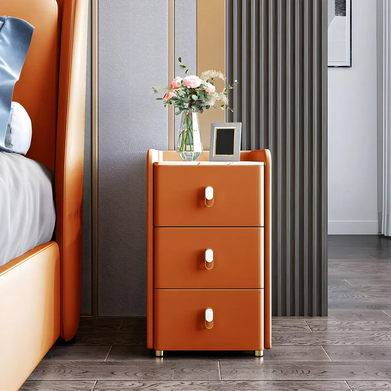 Modern Green Wood Nightstand with 3 Drawers Stone Countertop Image - 4