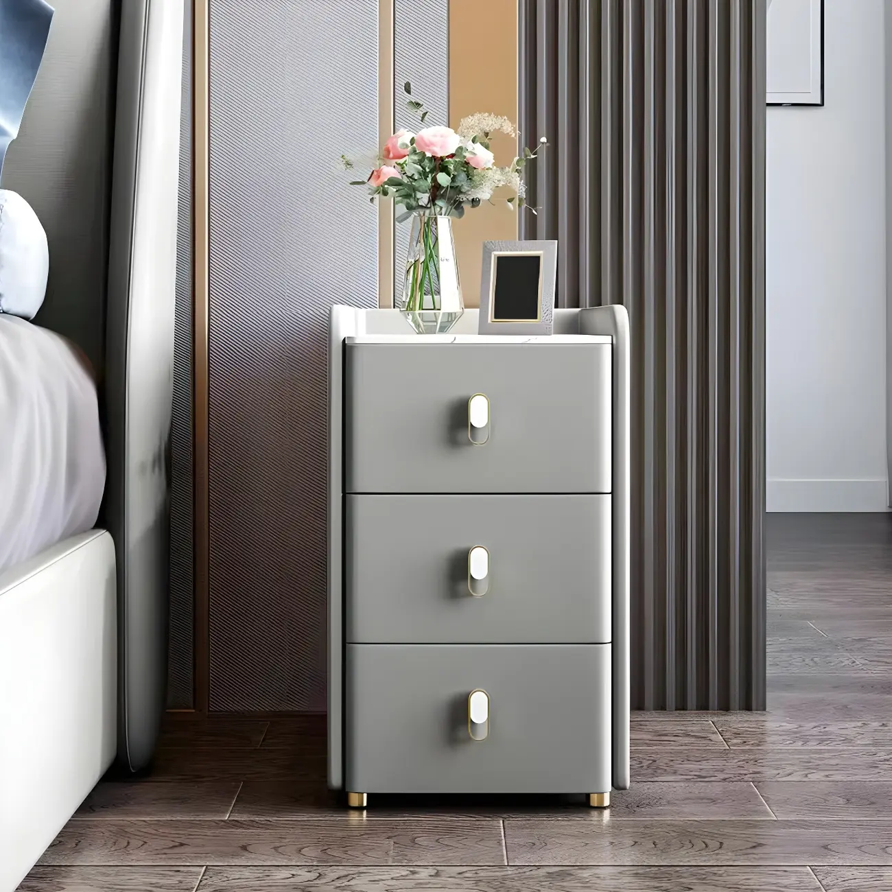 Modern Green Wood Nightstand with 3 Drawers Stone Countertop Image - 5 | homeyfad