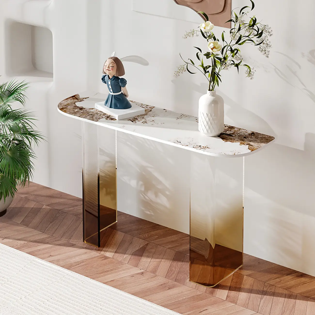Plastic/ Acrylic White Sintered Stone Console Table on Pedestal Image - 3 | homeyfad