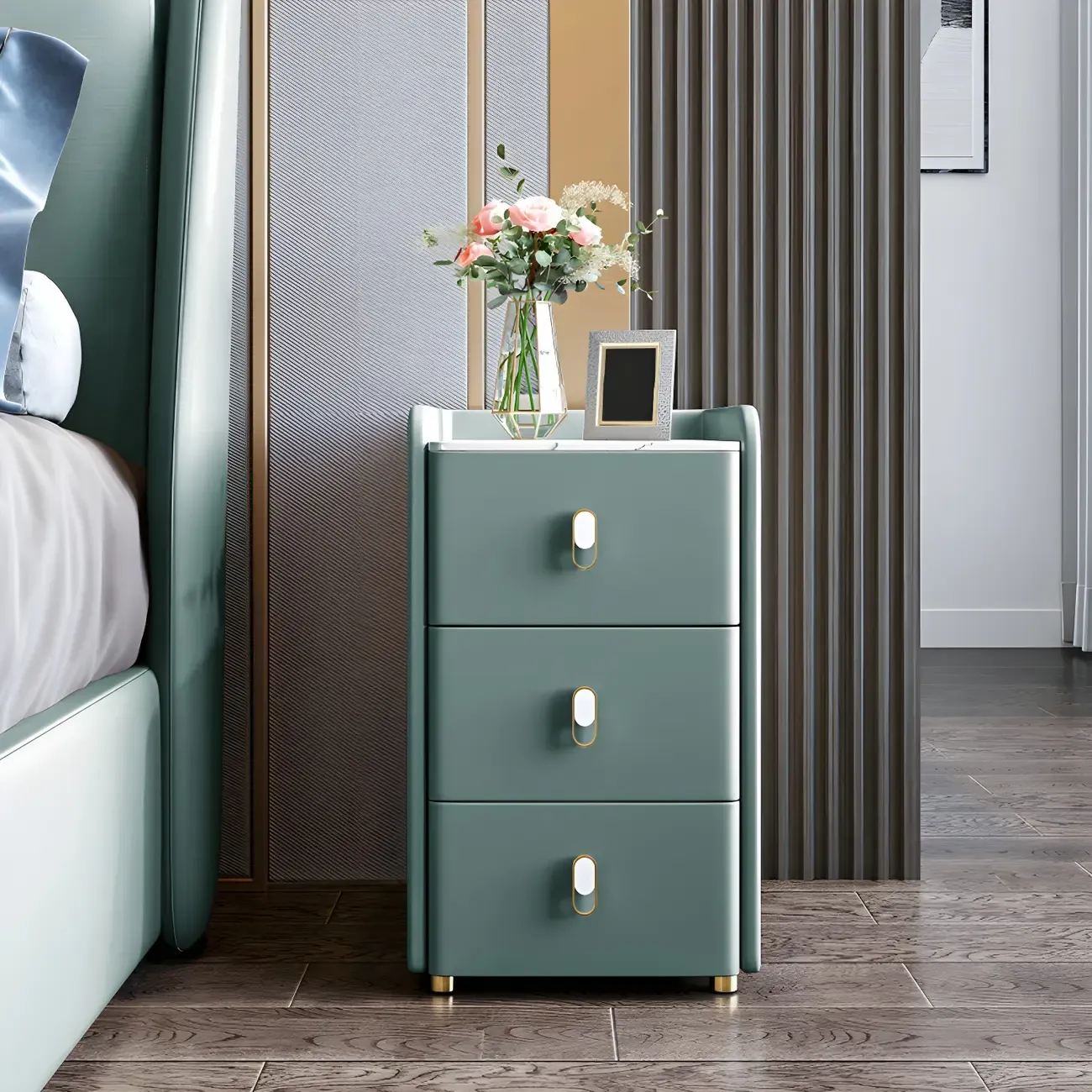 Modern Green Wood Nightstand with 3 Drawers Stone Countertop Image - 6