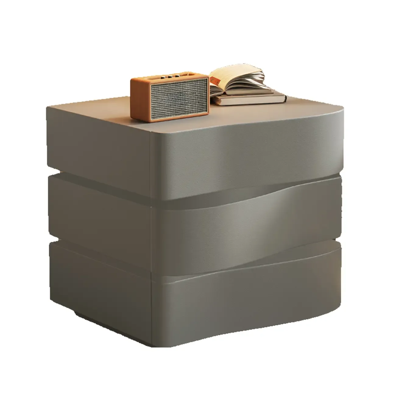 Stylish Wooden Nightstand with Wave Design in Grey with 3 Drawers Image - 1