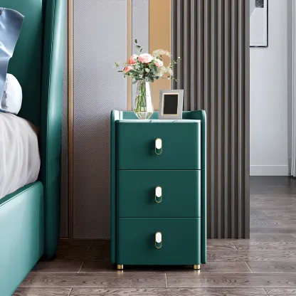 Modern Green Wood Nightstand with 3 Drawers Stone Countertop Image - 7