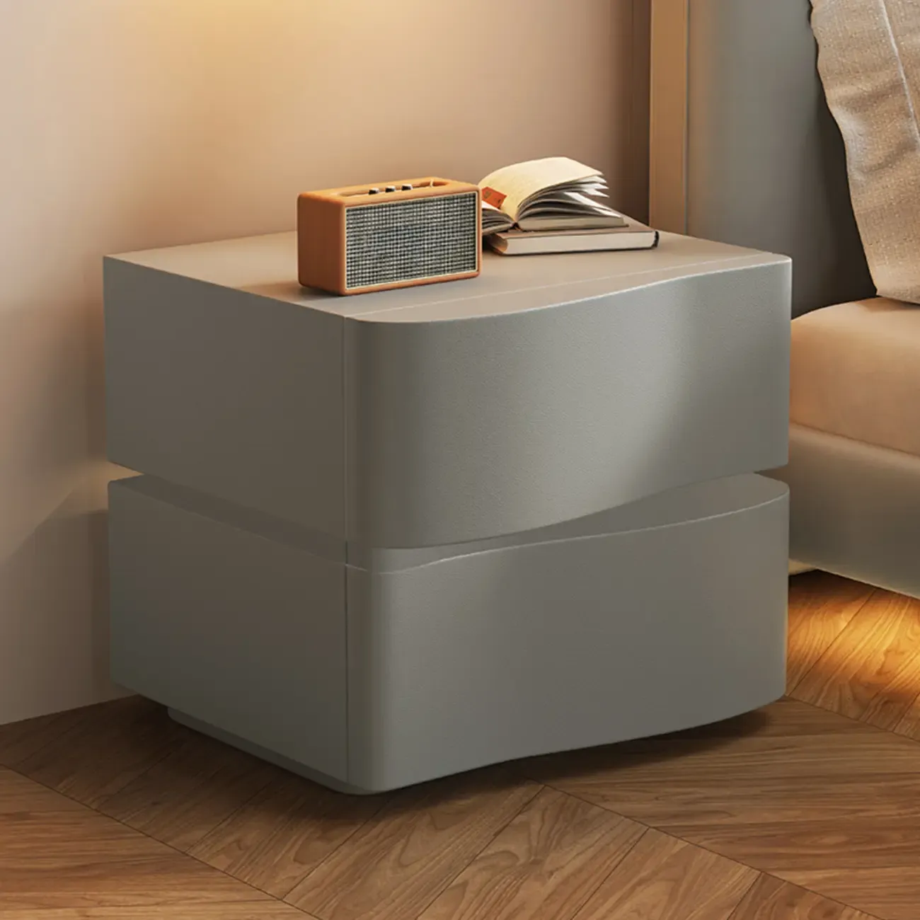 Stylish Wooden Nightstand with Wave Design in Grey with 3 Drawers Image - 2