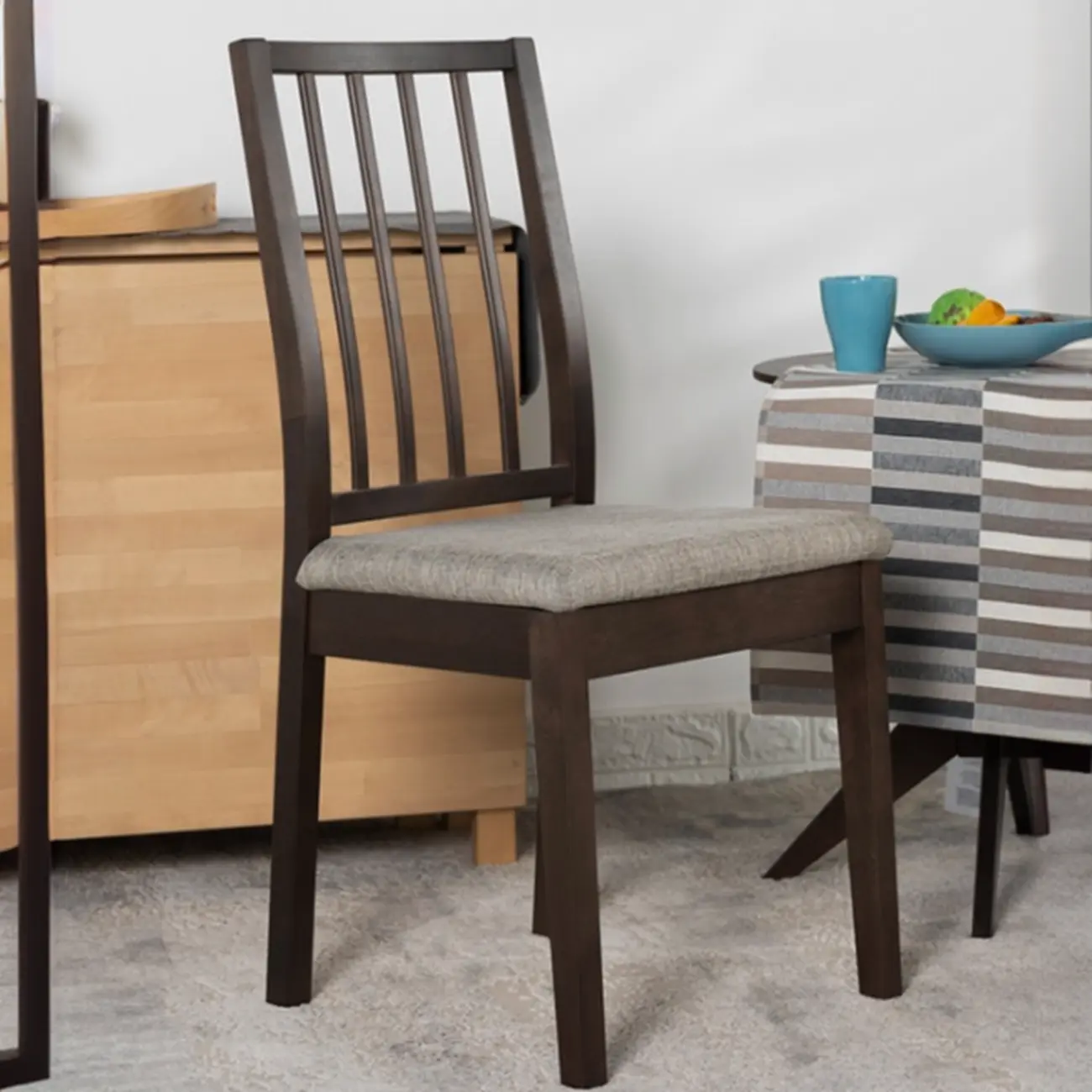 Cotton Upholstered Dining Chair with Wooden Slatted Back Image - 1 | homeyfad