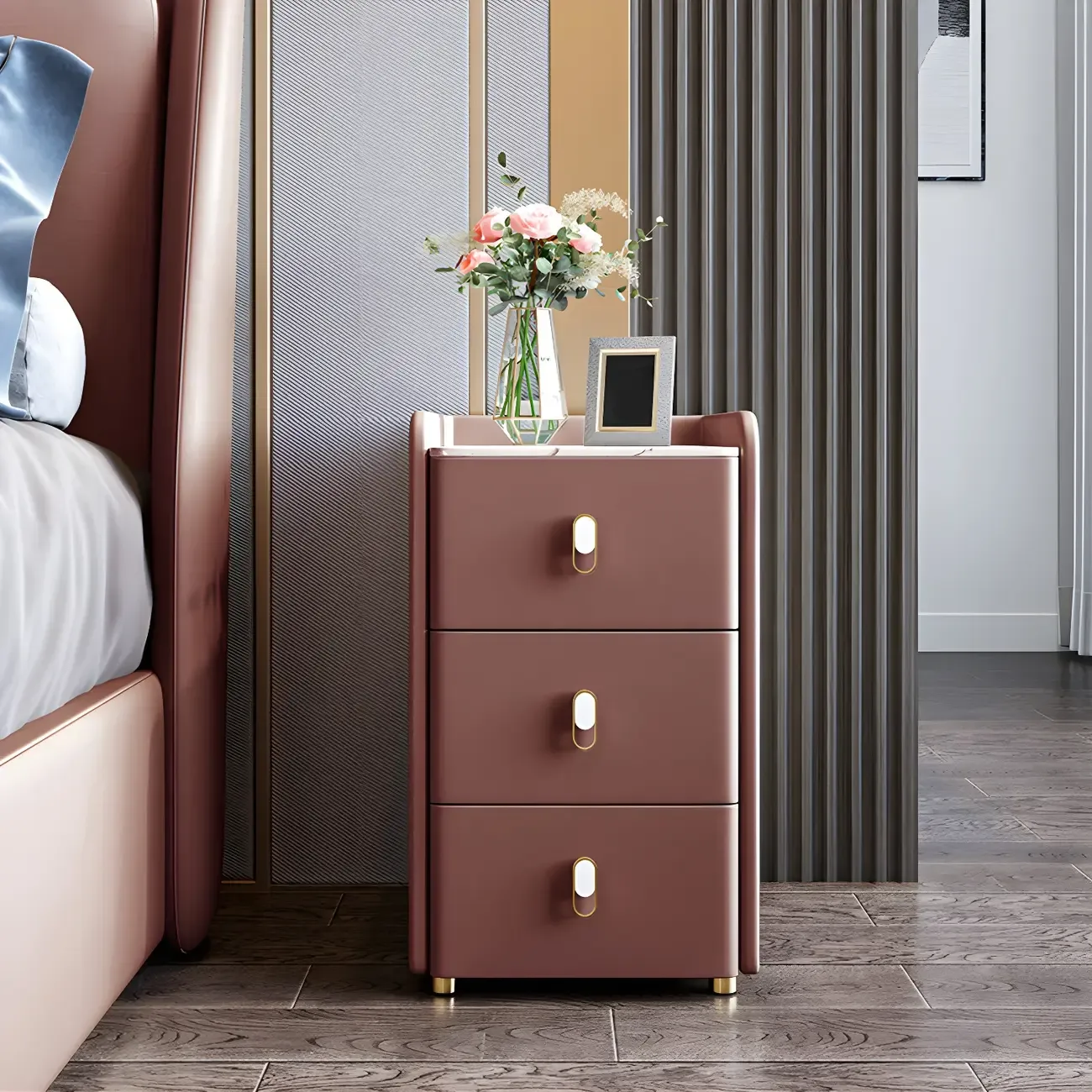 Modern Green Wood Nightstand with 3 Drawers Stone Countertop Image - 8