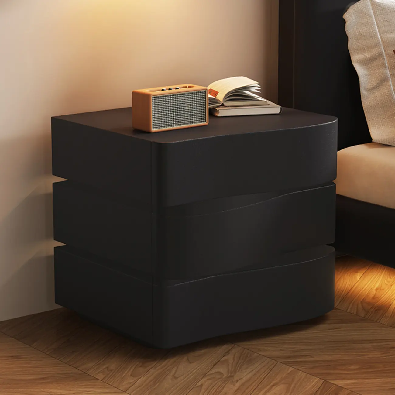 Stylish Wooden Nightstand with Wave Design in Grey with 3 Drawers Image - 3 | homeyfad