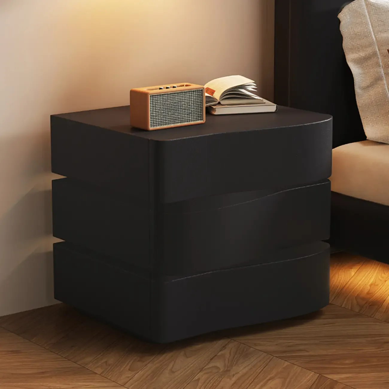 Stylish Wooden Nightstand with Wave Design in Grey with 3 Drawers Image - 3