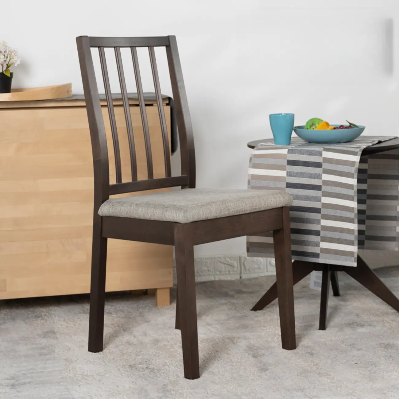 Cotton Upholstered Dining Chair with Wooden Slatted Back Image - 2 | homeyfad