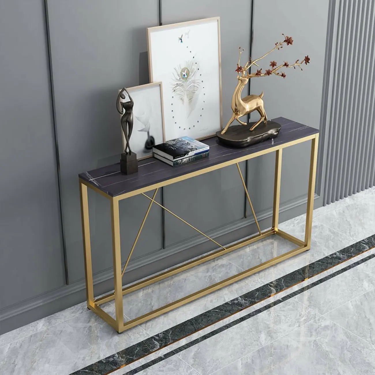 Glam Stone Console Table with Metal Frame Image - 1 | homeyfad