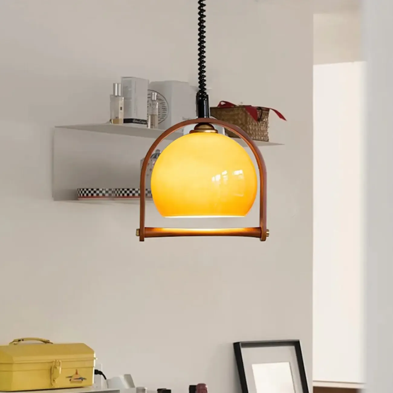 Modern Yellow Round Pendant Lamp with Metal Frame for Living Room Image - 1