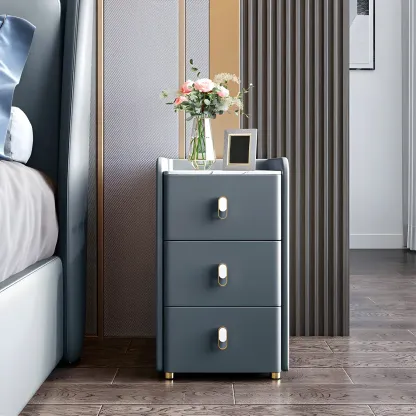 Modern Green Wood Nightstand with 3 Drawers Stone Countertop Image - 9