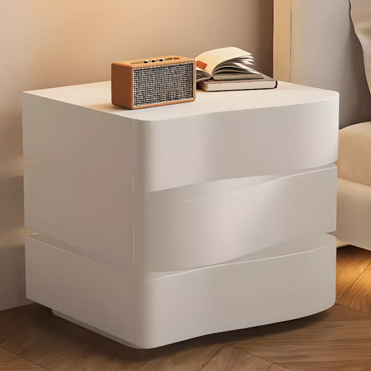 Stylish Wooden Nightstand with Wave Design in Grey with 3 Drawers Image - 4 | homeyfad