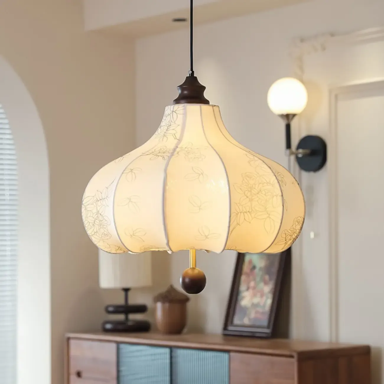 Adjustable Vintage Lantern Chandelier with Fabric Lampshade Image - 4