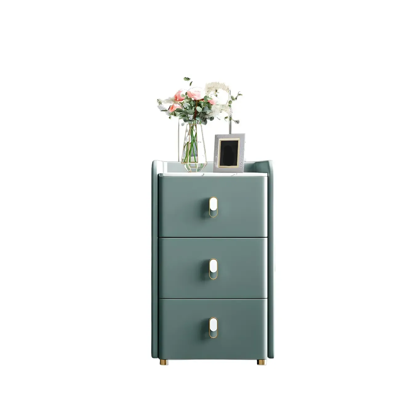 Modern Green Wood Nightstand with 3 Drawers Stone Countertop Image - 10
