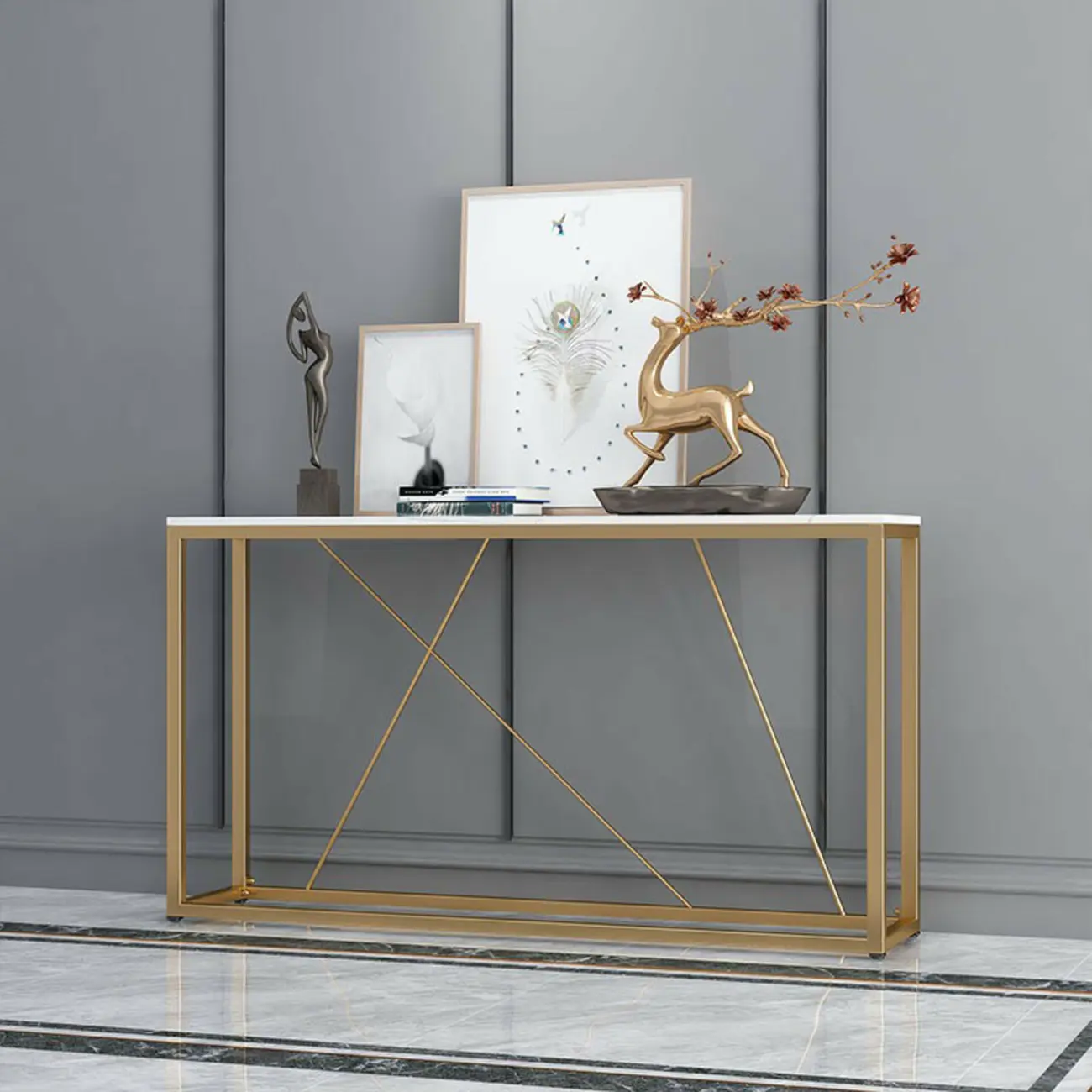 Glam Stone Console Table with Metal Frame Image - 2 | homeyfad