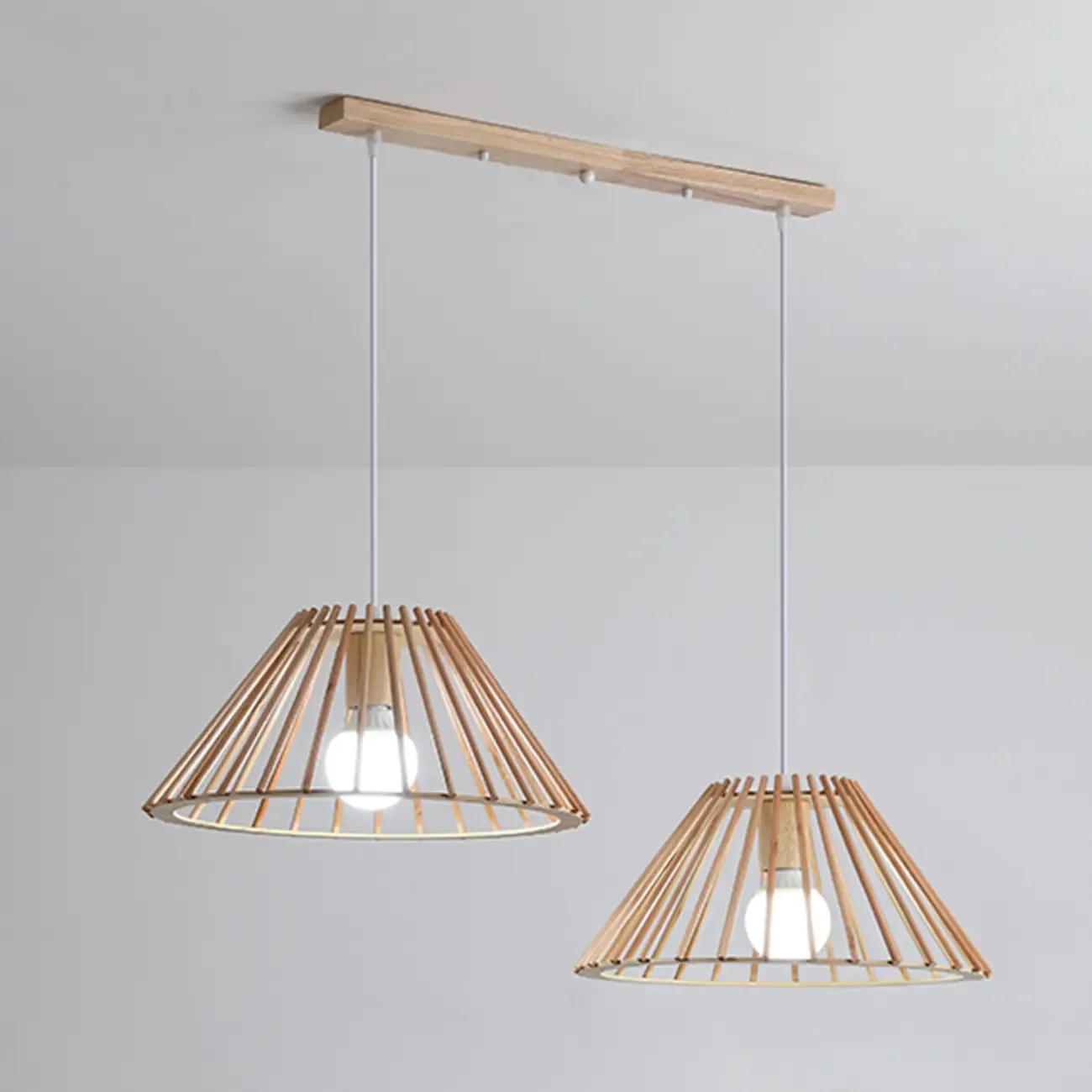 2 Light Natural Wood Polygonal Pendant Light for Kitchen Image - 3