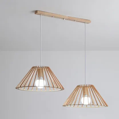 2 Light Natural Wood Polygonal Pendant Light for Kitchen Image - 3