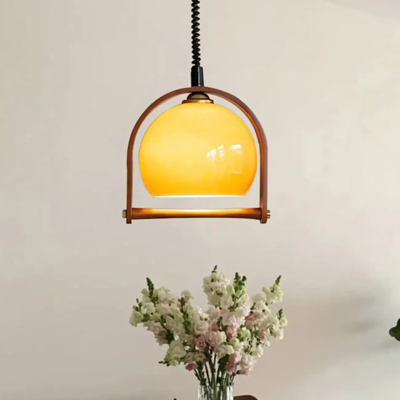 Modern Yellow Round Pendant Lamp with Metal Frame for Living Room Image - 3