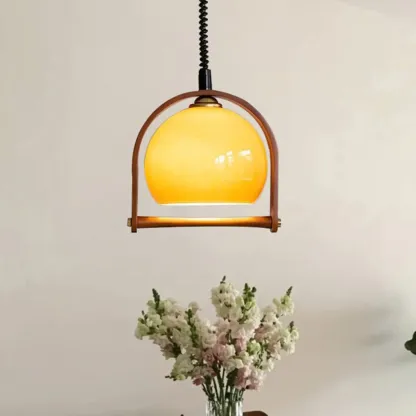 Modern Yellow Round Pendant Lamp with Metal Frame for Living Room Image - 3