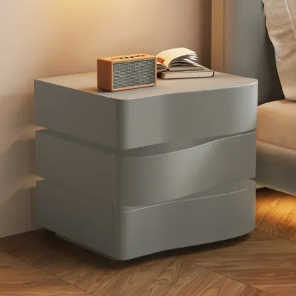 Stylish Wooden Nightstand with Wave Design in Grey with 3 Drawers Image - 5