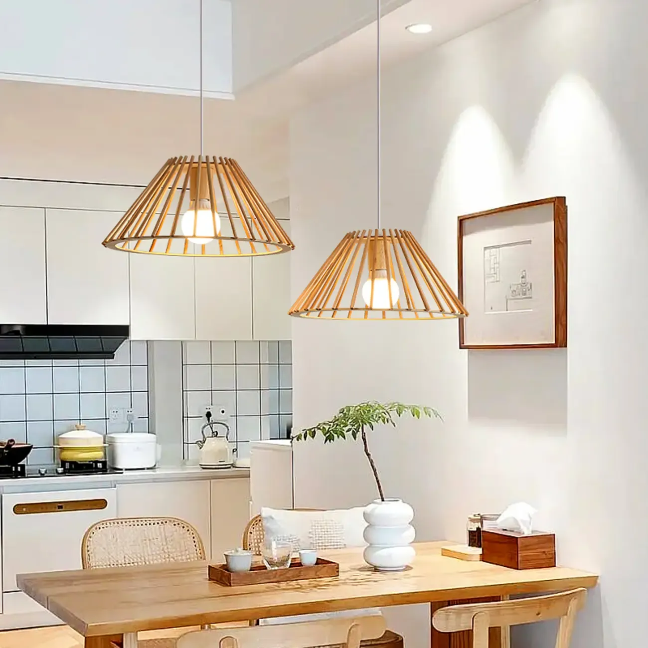 Modern Wood Geometric Island Pendant Light for Kitchen Image - 2