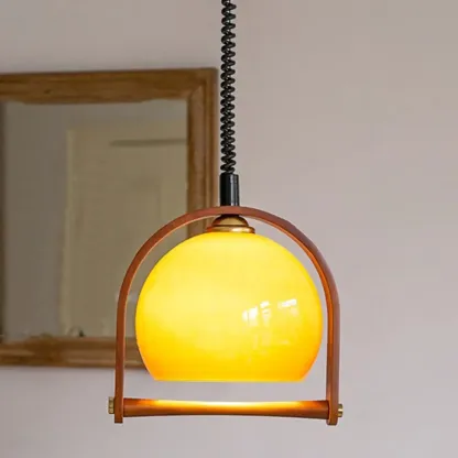 Modern Yellow Round Pendant Lamp with Metal Frame for Living Room Image - 4