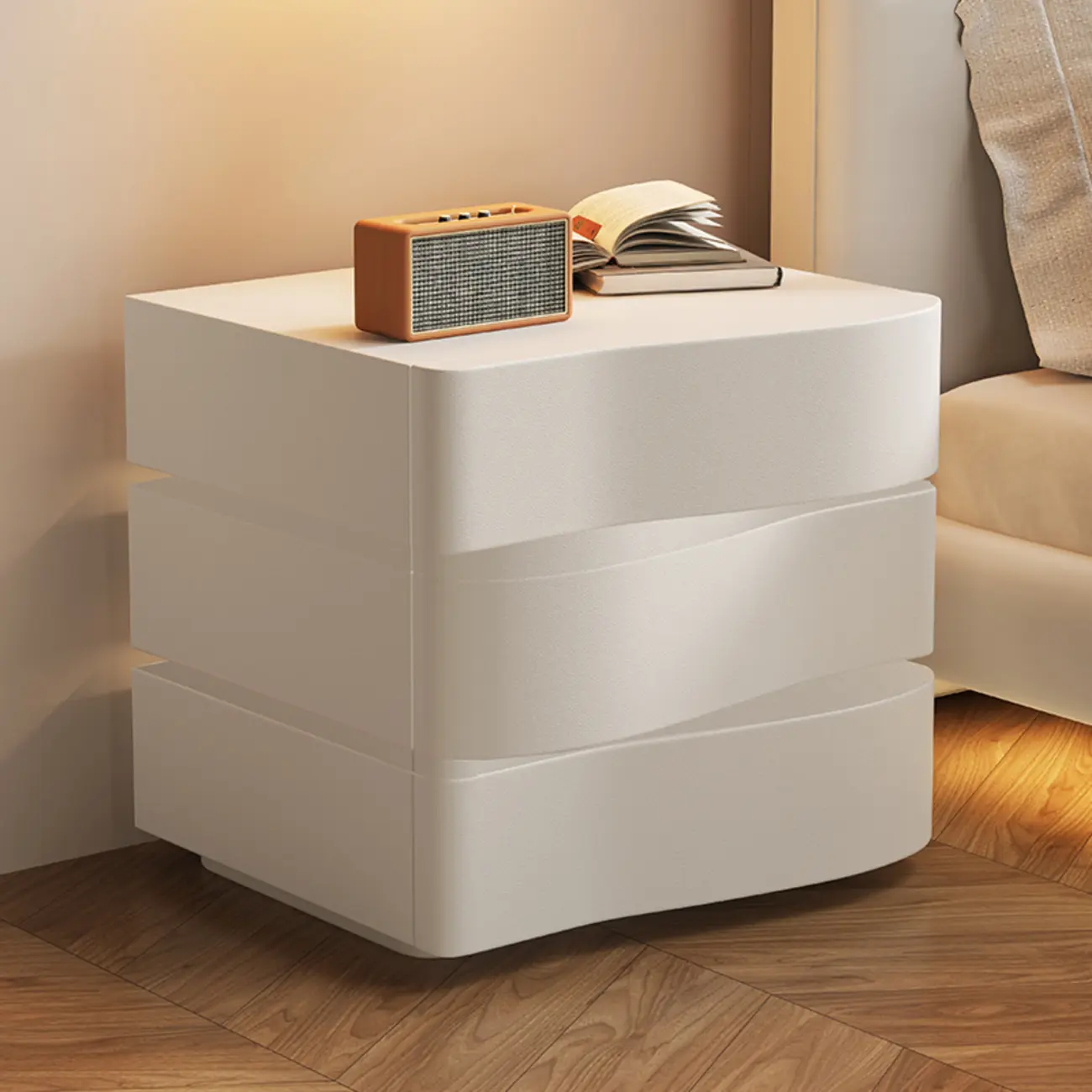 Stylish Wooden Nightstand with Wave Design in Grey with 3 Drawers Image - 6 | homeyfad