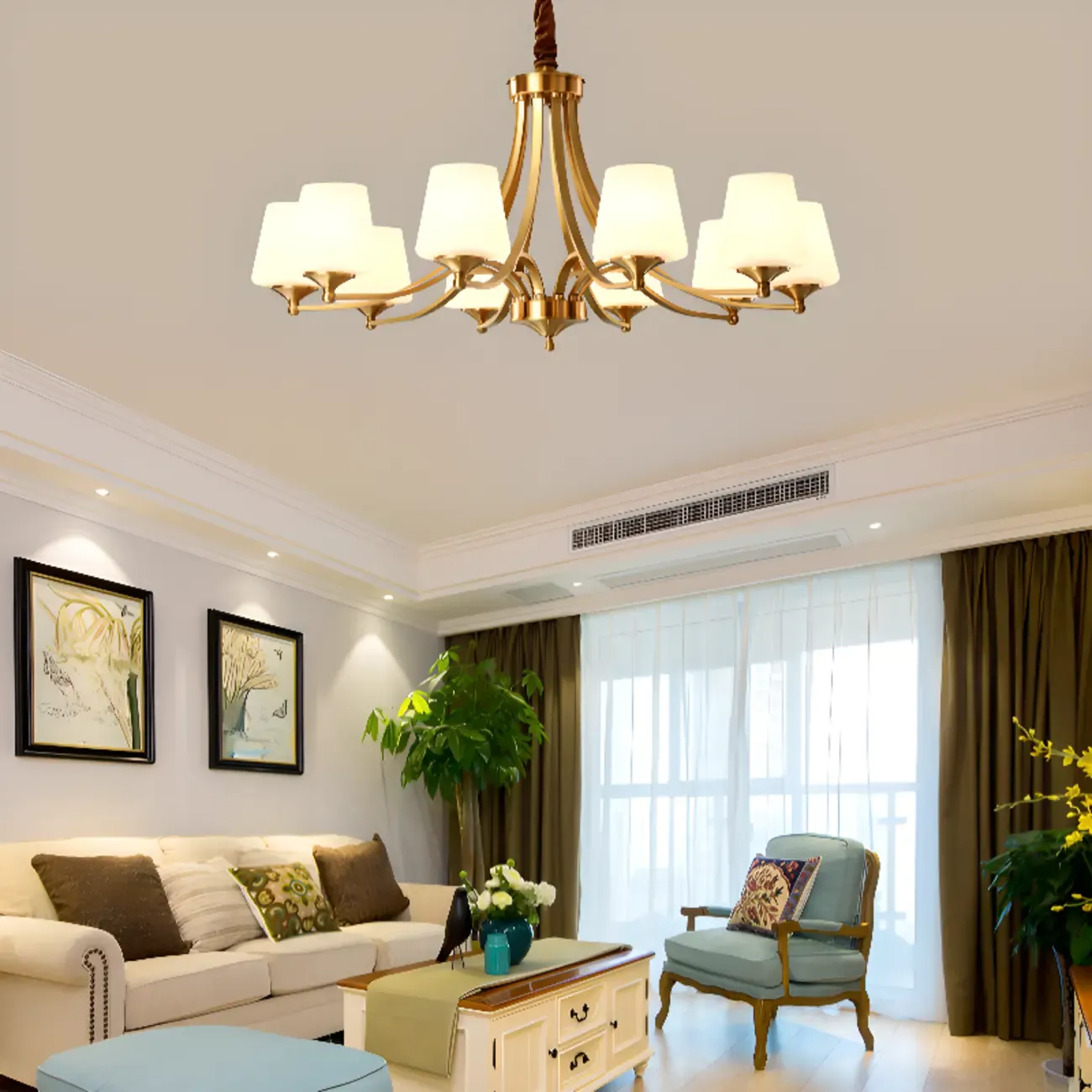 Vintage Brass Chandelier with Lampshades for Living Room Image - 12