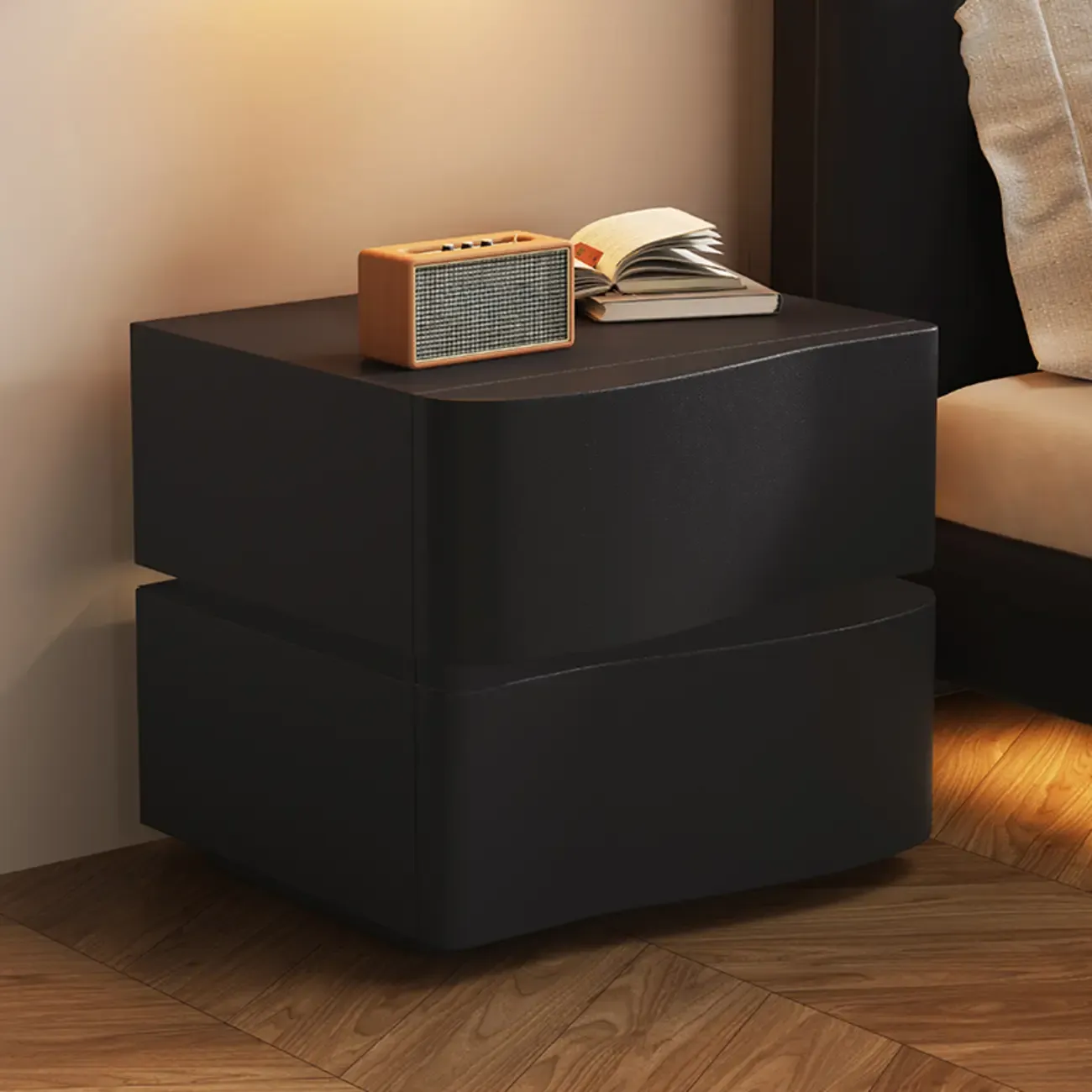 Stylish Wooden Nightstand with Wave Design in Grey with 3 Drawers Image - 7