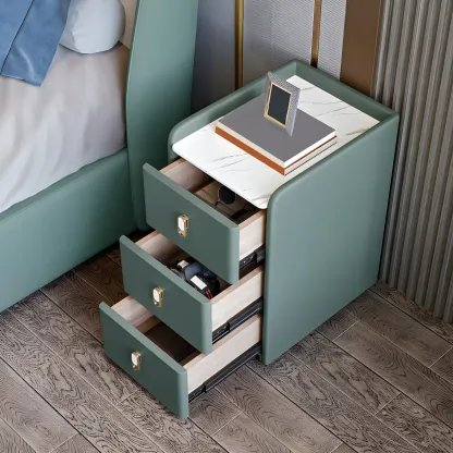 Modern Green Wood Nightstand with 3 Drawers Stone Countertop Image - 14