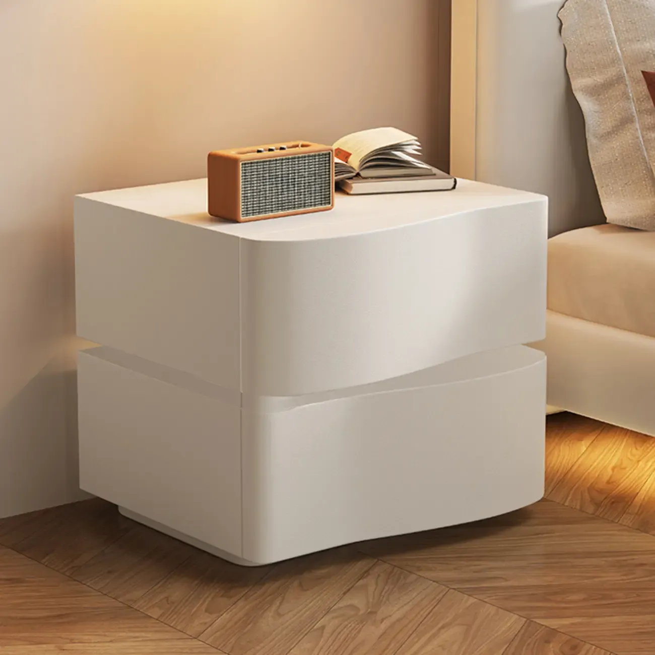 Stylish Wooden Nightstand with Wave Design in Grey with 3 Drawers Image - 9