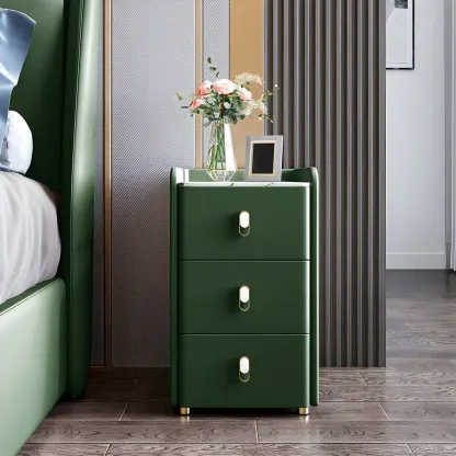 Modern Green Wood Nightstand with 3 Drawers Stone Countertop Image - 16