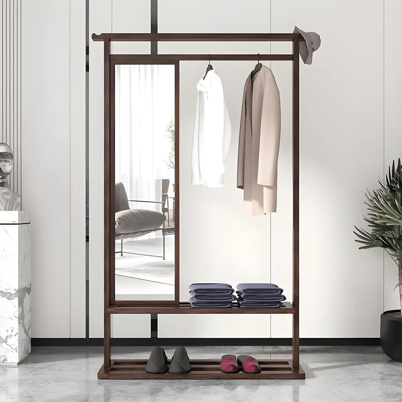 Portable Solid Wood closet with Mirror and Shelf Image - 1 | homeyfad
