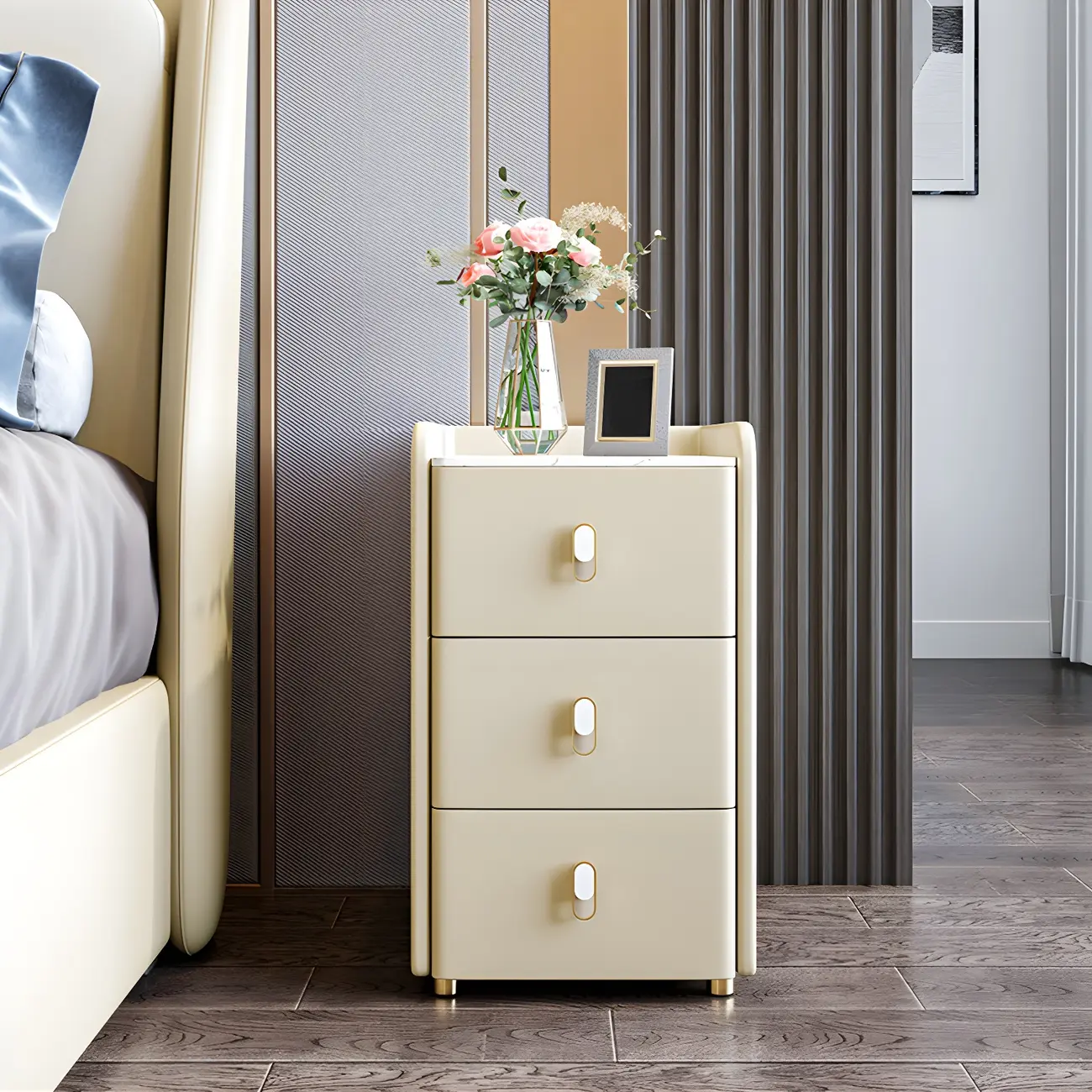 Modern Green Wood Nightstand with 3 Drawers Stone Countertop Image - 17 | homeyfad