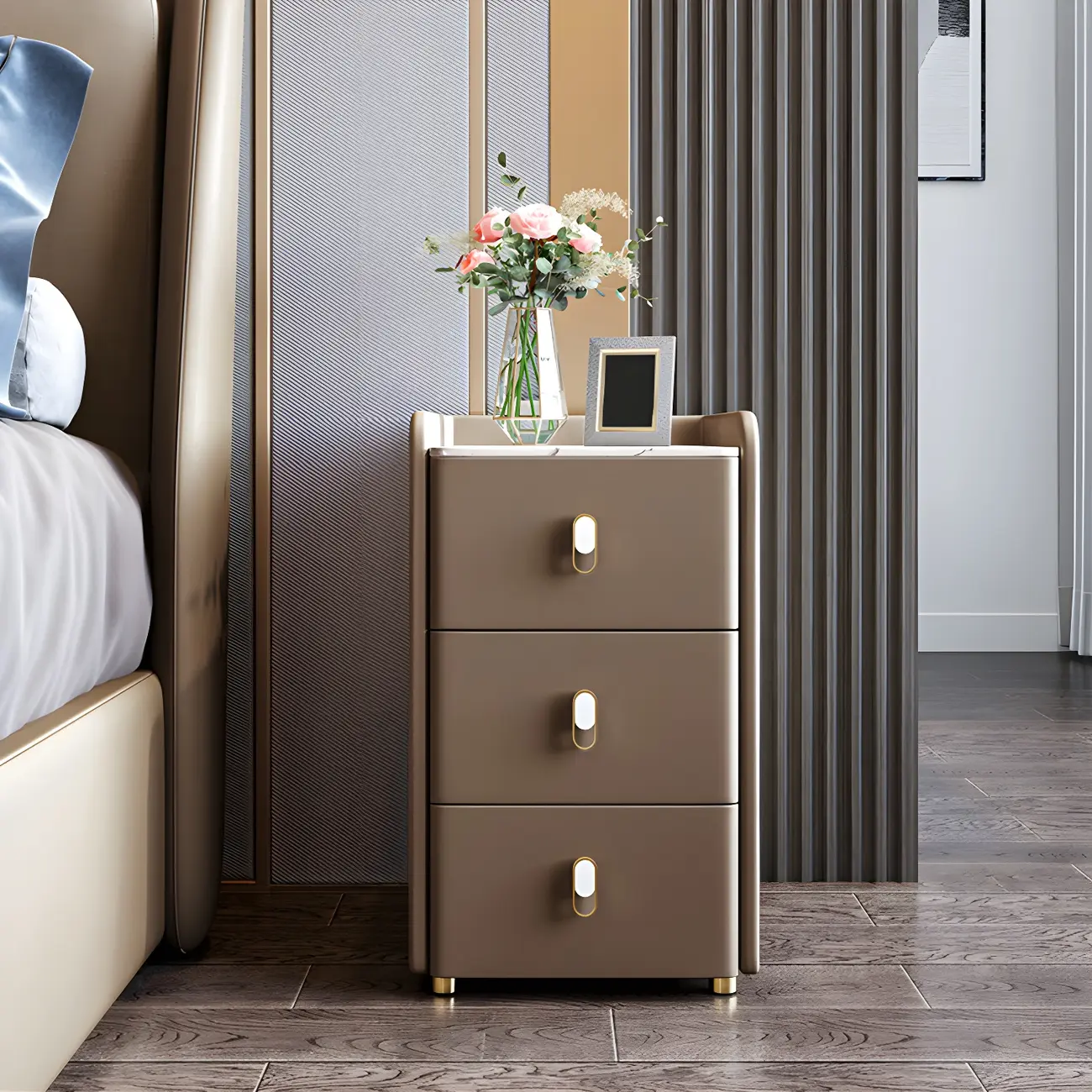 Modern Green Wood Nightstand with 3 Drawers Stone Countertop Image - 18 | homeyfad