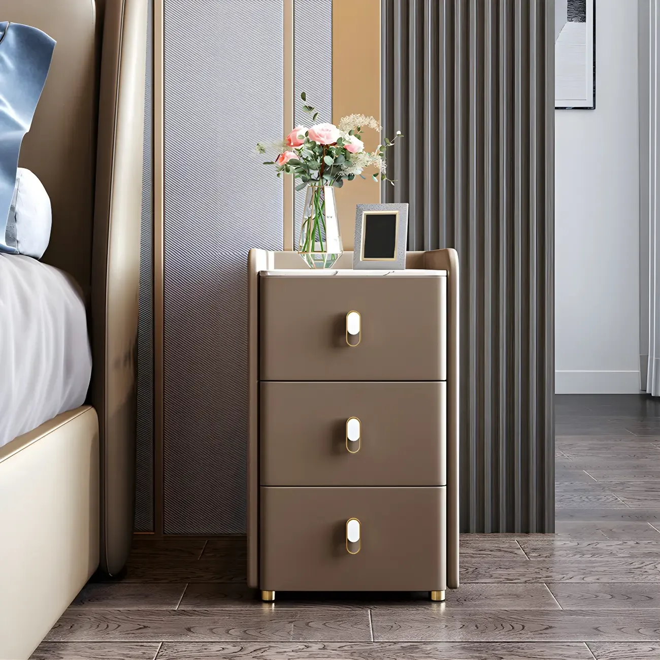 Modern Green Wood Nightstand with 3 Drawers Stone Countertop Image - 18