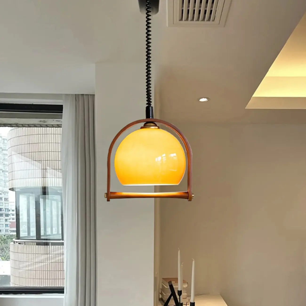 Modern Yellow Round Pendant Lamp with Metal Frame for Living Room Image - 12 | homeyfad