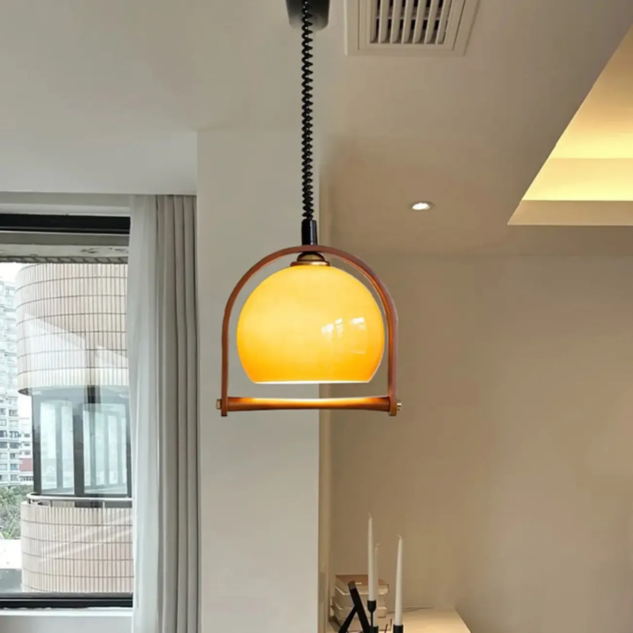 Modern Yellow Round Pendant Lamp with Metal Frame for Living Room Image - 12