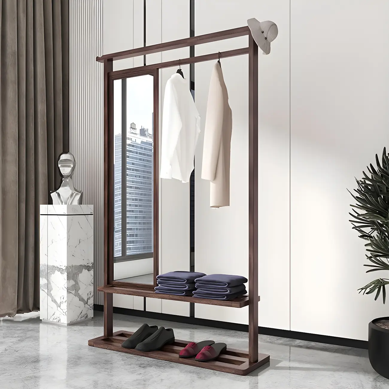 Portable Solid Wood closet with Mirror and Shelf Image - 2 | homeyfad