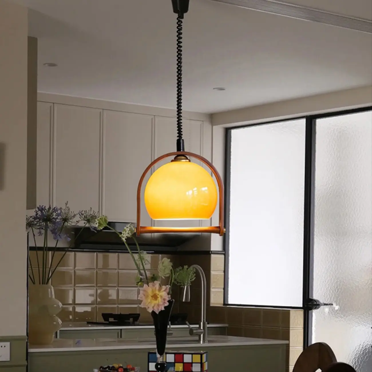 Modern Yellow Round Pendant Lamp with Metal Frame for Living Room Image - 13 | homeyfad