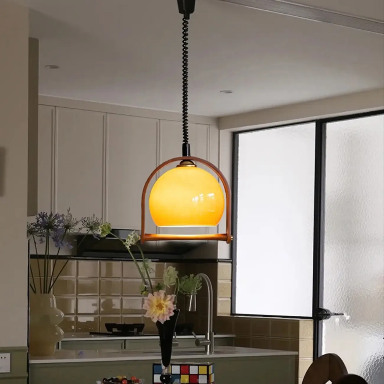 Modern Yellow Round Pendant Lamp with Metal Frame for Living Room Image - 13