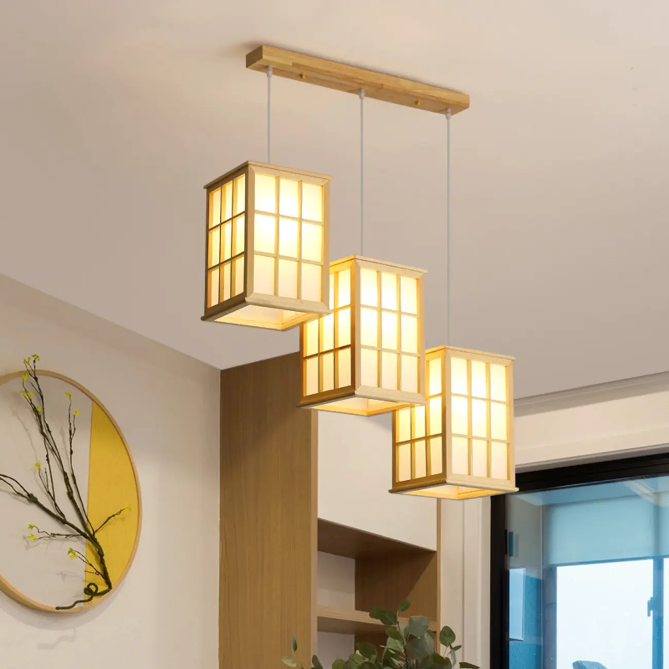 3 Light Island Pendant Light in Natural Wood with Rectangular Shape Image - 1 | homeyfad