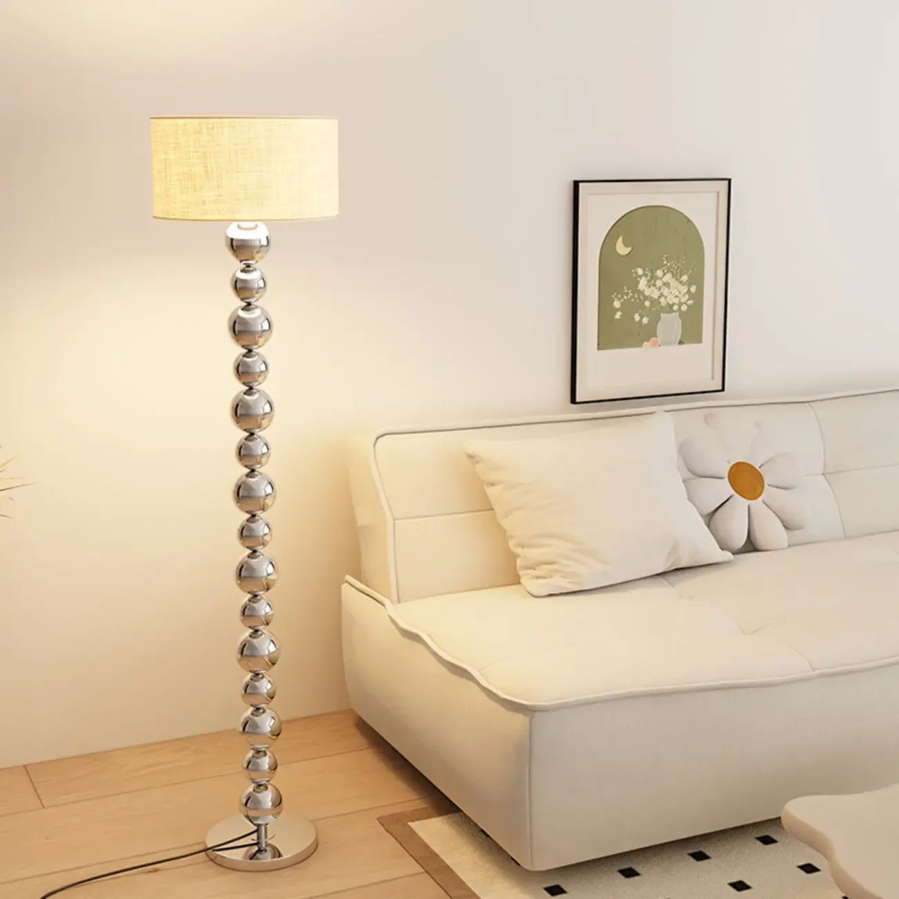 Decorative Modern Stacked Ball Floor Lamp with Fabric Shade Image - 3