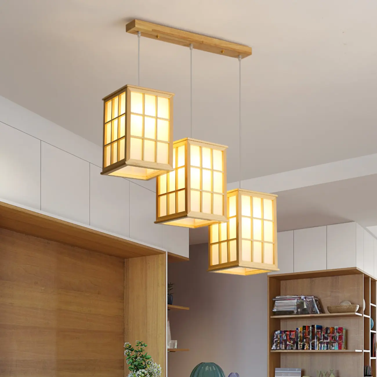 3 Light Island Pendant Light in Natural Wood with Rectangular Shape Image - 4 | homeyfad