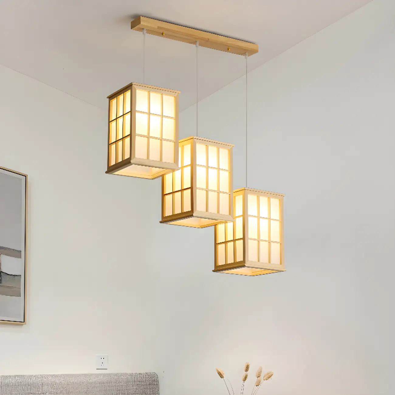 3 Light Island Pendant Light in Natural Wood with Rectangular Shape Image - 5 | homeyfad
