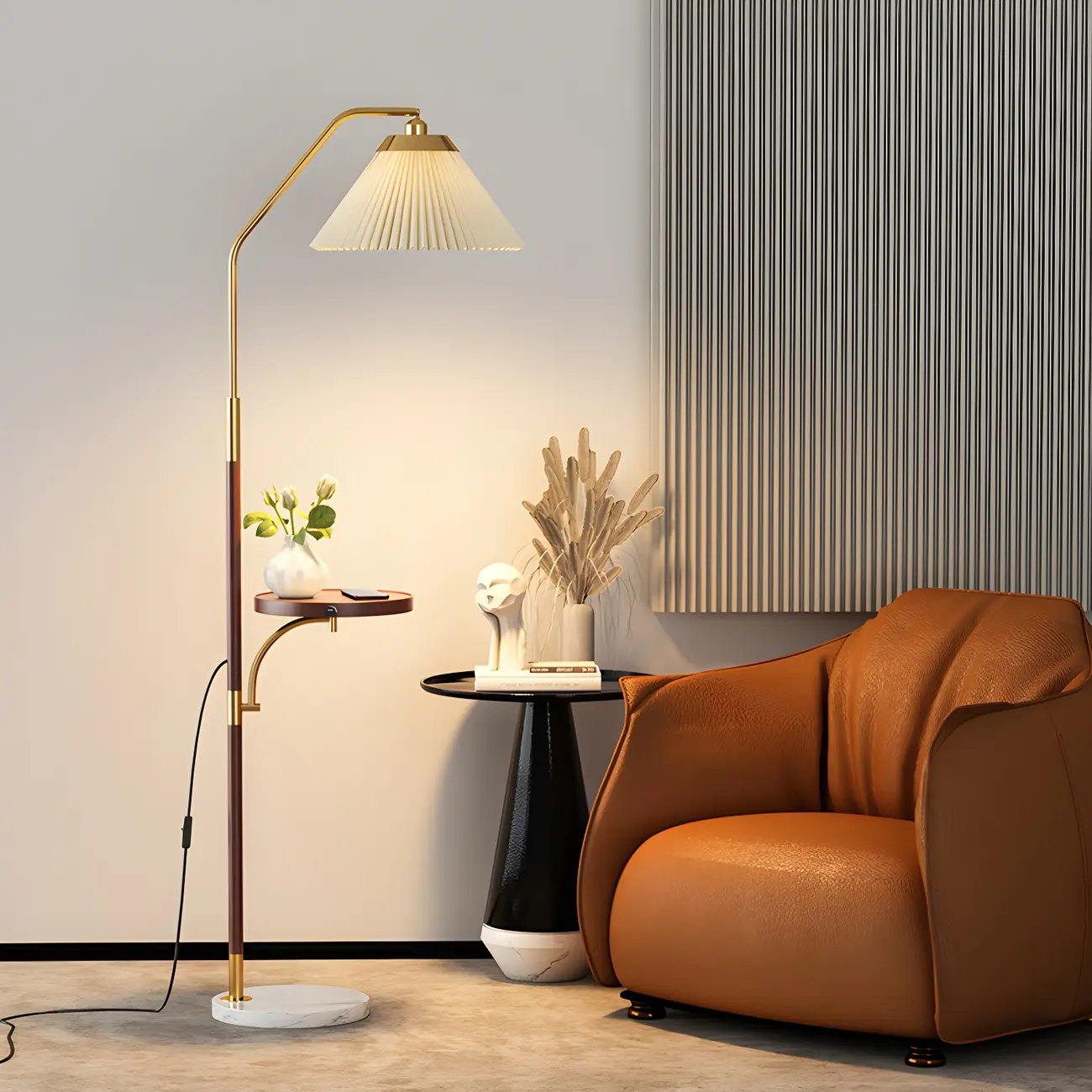 Oriental LED Floor Lamp with Attached End Table for Bedroom Image - 1 | homeyfad