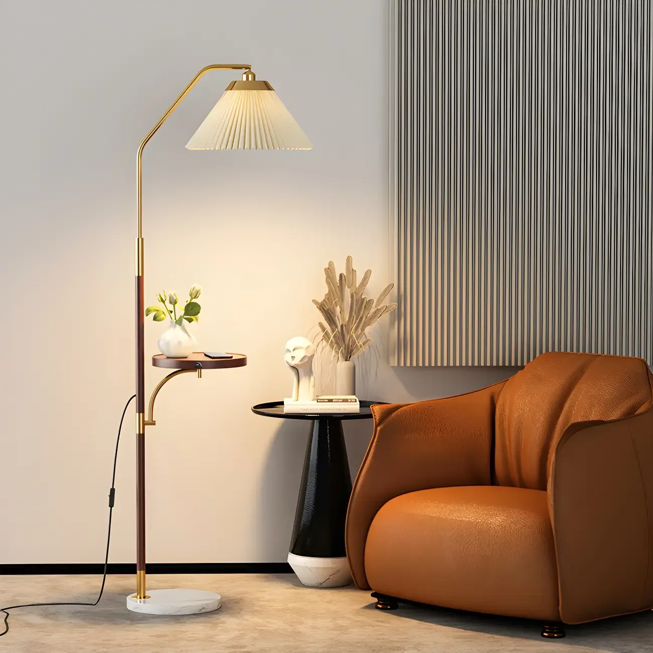 Oriental LED Floor Lamp with Attached End Table for Bedroom Image - 1