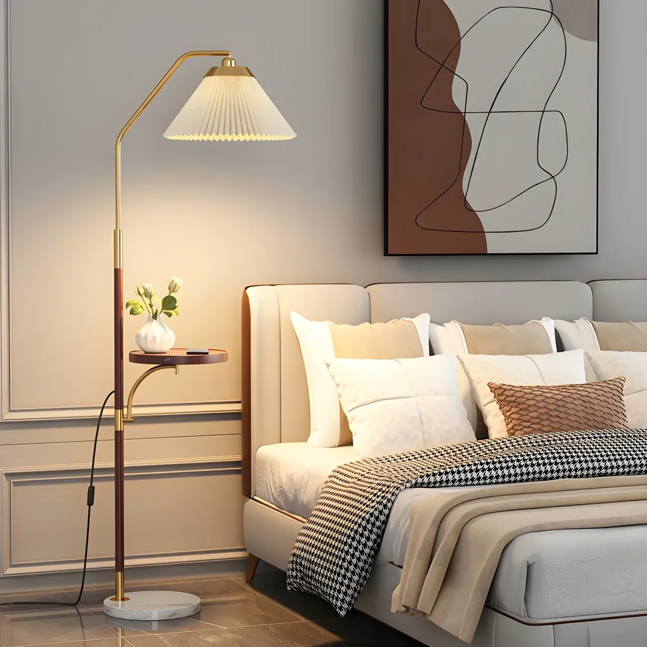 Oriental LED Floor Lamp with Attached End Table for Bedroom Image - 2