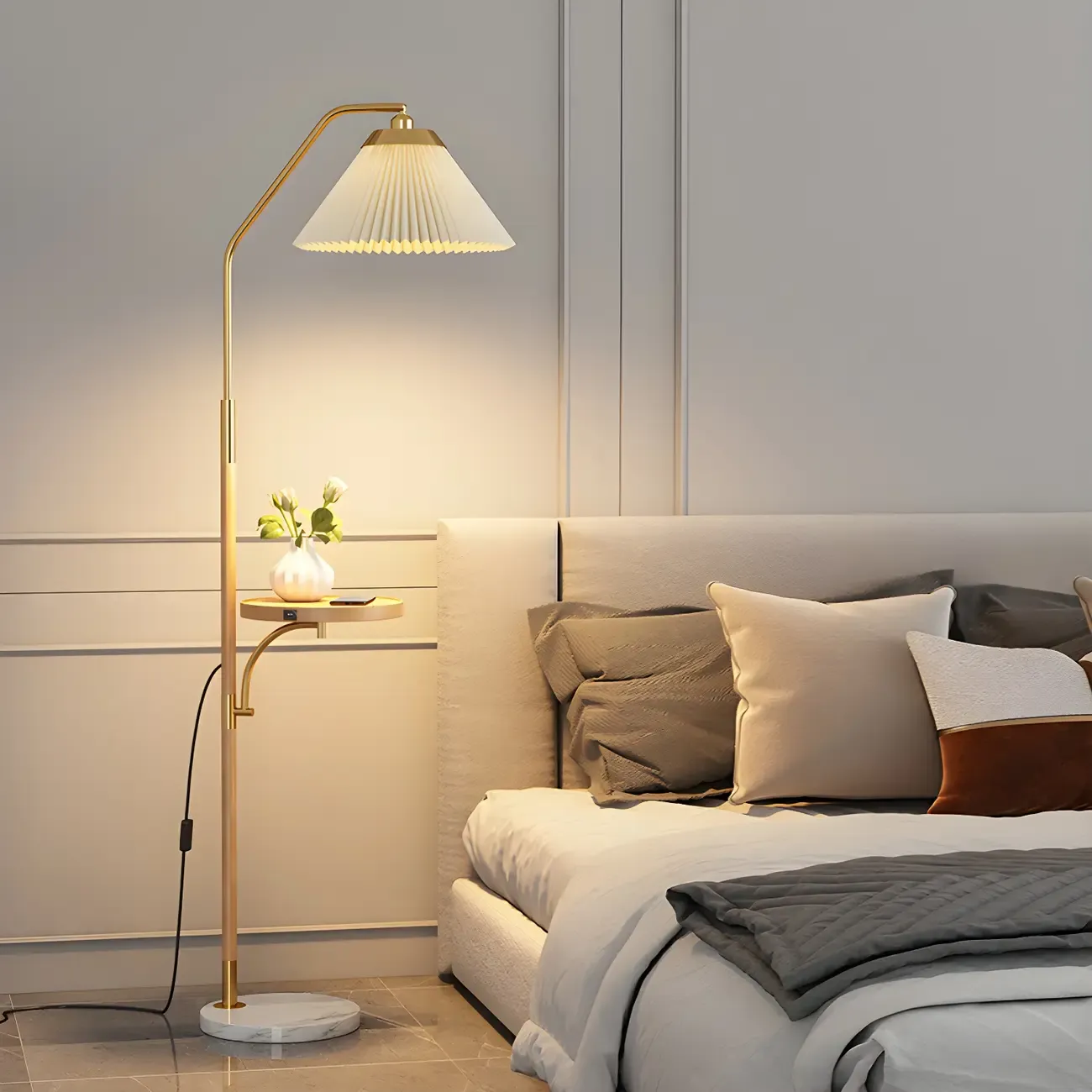 Oriental LED Floor Lamp with Attached End Table for Bedroom Image - 3