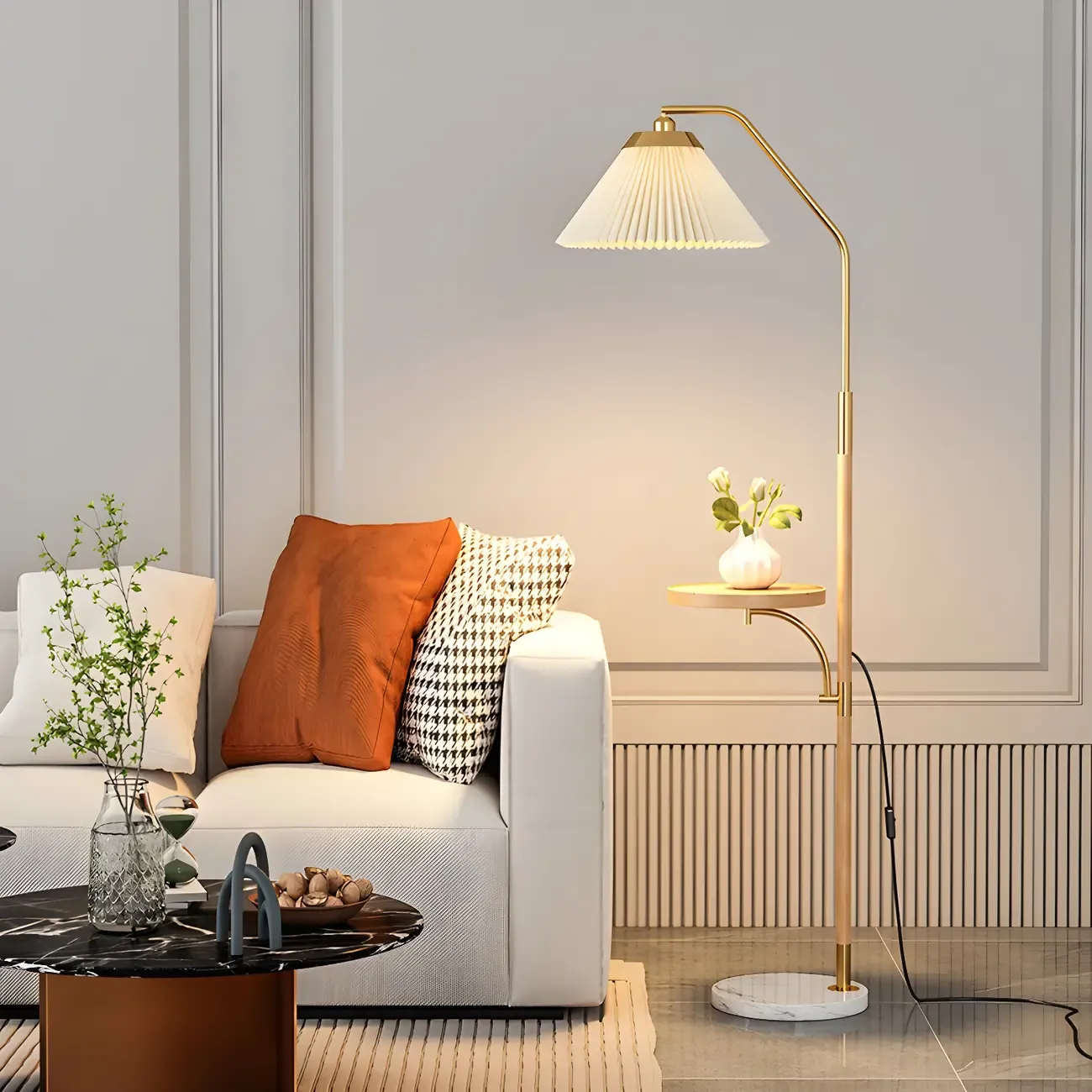 Oriental LED Floor Lamp with Attached End Table for Bedroom Image - 4